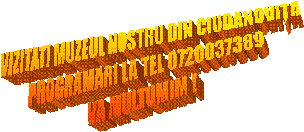 VIZITATI MUZEUL NOSTRU DIN CIUDANOVIȚA
PROGRAMARI LA TEL 0720037389
VA MULTUMIM !