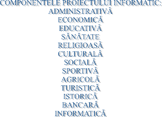 COMPONENTELE PROIECTULUI INFORMATIC:
ADMINISTRATIVĂ
ECONOMICĂ
EDUCATIVĂ
SĂNĂTATE
RELIGIOASĂ
CULTURALĂ
SOCIALĂ
SPORTIVĂ
AGRICOLĂ
TURISTICĂ
ISTORICĂ
BANCARĂ
INFORMATICĂ